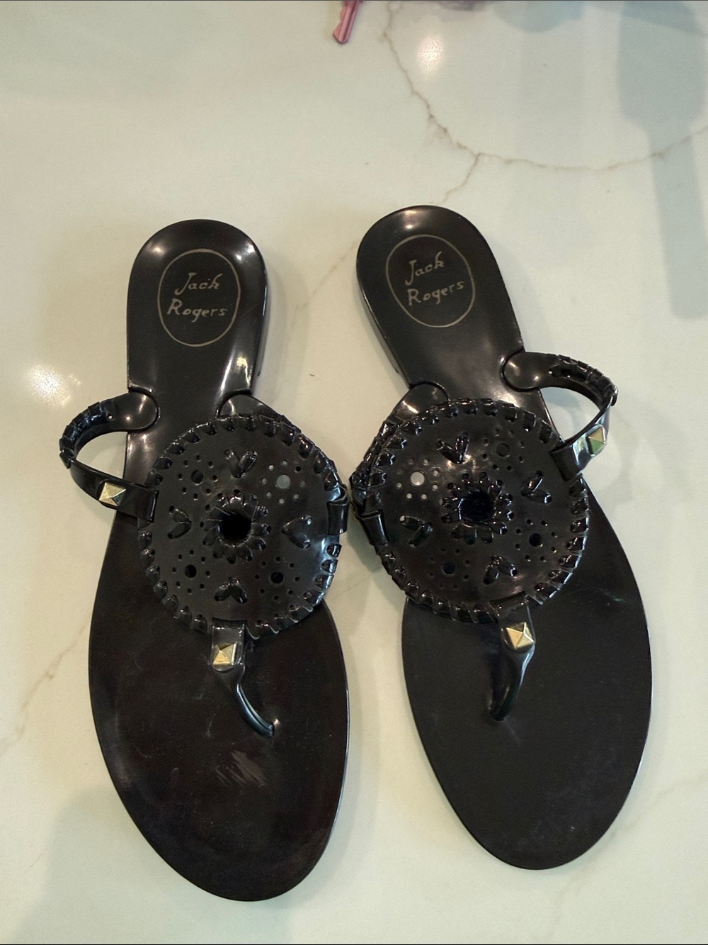 Jack Rogers Black Women's Jelly Sandals with Medallion Detail